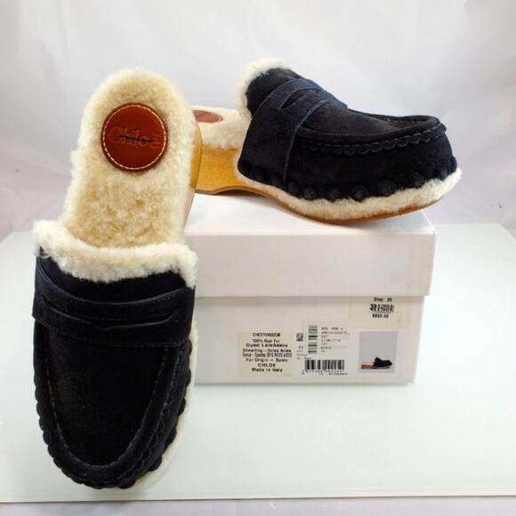 NWT$850 CHLOE Joy Black Suede Shearling Fur Slip-on Clogs Slides Shoes Sz 35 (5) - Picture 15 of 16